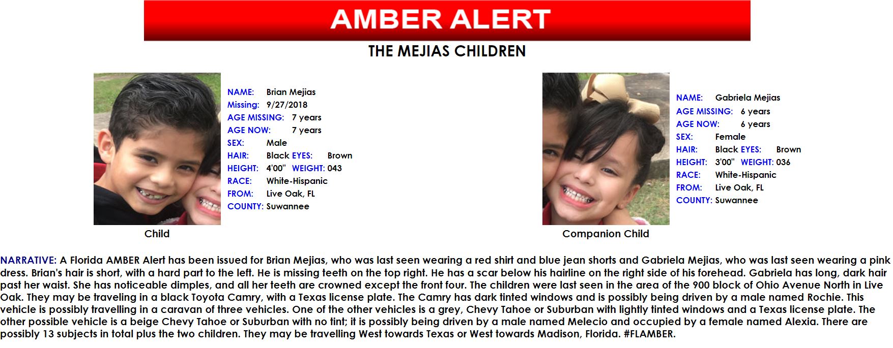 amber alert, active amber alert, florida amber alert, citrus gazette, citrus county news